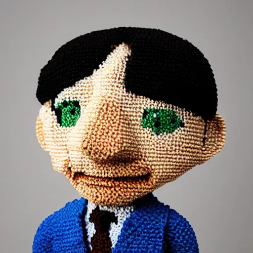 Prompt: buster keaton made of yarn, crocheted caricature of buster keaton, photorealistic, soft, cute, trending on artstation