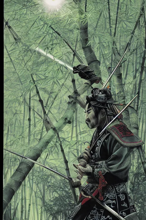 Image similar to samurai general in dark japanese bamboo forest with light shafts, by travis charest, jesper ejsing