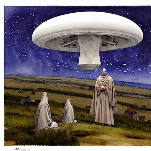 Prompt: a hyperrealist watercolor concept art of a giant ufo in the sky above gobekli tepe during a thunderstorm. a medieval monk in grey robes is in the foreground. very muted colors, by rebecca guay, michael kaluta, charles vess. high detail, hq, wide shot, 4 k