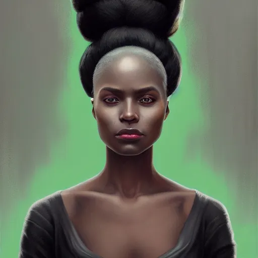 Image similar to a detailed matte oil on canvas head on symmetrical portrait of black skinned woman with long white and ( ( ( pale greenish ) ) ) hair, clothed by charlie bowater, lise deharme, wlop, trending on artstationhd, dungeons and dragons art critical role