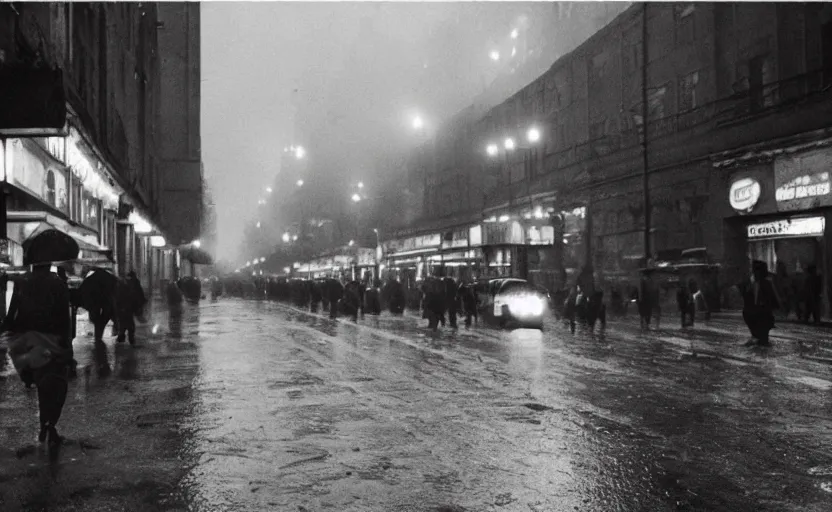 Prompt: 40s historic footage of a sovietic street with pedestrians, aerial view , aerial view Cinestill 800t 18mm, heavy grainy picture, very detailed, high quality, 4k panoramic, billboards and streetlight at night, rain, mud, foggy