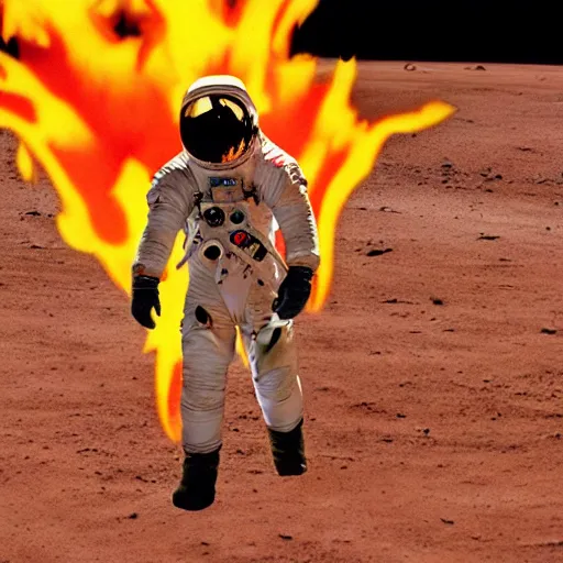 Image similar to an astronaut that’s on fire walking through a dystopian desert