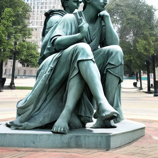 Image similar to liberty statue sitdown pose, real photo, very convincing