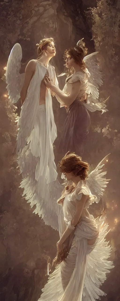 Prompt: Angels lovers in white gauze dresses, male and female, the glow of the moonlight, fire stainglass, intricate, elegant, highly detailed, digital painting, artstation, concept art, matte, sharp focus, illustration, art by Artgerm and Greg Rutkowski and Alphonse Mucha