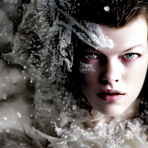 Prompt: Young Milla Jovovich as a snow goddess covered in snow, grungy, unkept hair, glowing eyes, winter, modelsociety, radiant skin, huge anime eyes, RTX on, bright on black, dramatic, studio lighting, perfect face, intricate, Sony a7R IV, symmetric balance, polarizing filter, Photolab, Lightroom, 4K, Dolby Vision, Photography Award