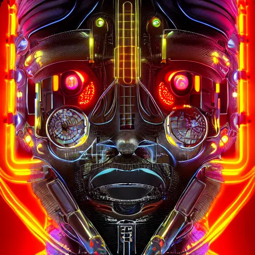 Image similar to centered symmetrical portrait of a persian cyberpunk cyborg surgeon with glowing cybernetics, hyperdetailed, digital painting, trending on Artstation, cel-shading style, CG society, hyperdetailed, digital painting, hypermaximalist, golden ratio, volumetric, octane render, weta digital, micro details, 3d sculpture