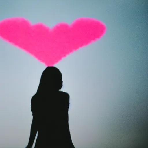 Image similar to Mila Kunis silhouette posing in front of a camera with cute pink hearts floating in the air, Canon EOS R3, f/1.4, ISO 200, 1/160s, 8K, RAW, unedited, symmetrical balance, in-frame