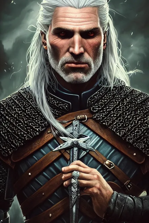 Image similar to portrait of Geralt, gothic armor, Warhammer-inspired, fantasy, intricate, beautiful eyes and flowing hair, realistic, cinematic lighting, highly detailed, digital painting, Artstation, concept art, smooth, sharp focus, illustration, art by Artgerm and Greg Rutkowski and Alphonse Mucha