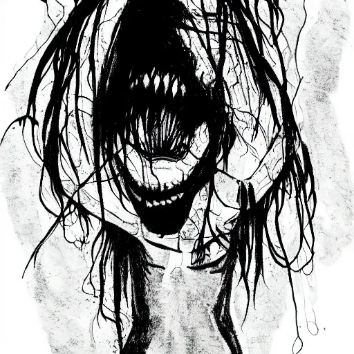 Image similar to grunge drawing of a happy raven in the style of the grudge | horror themed | loony toons style