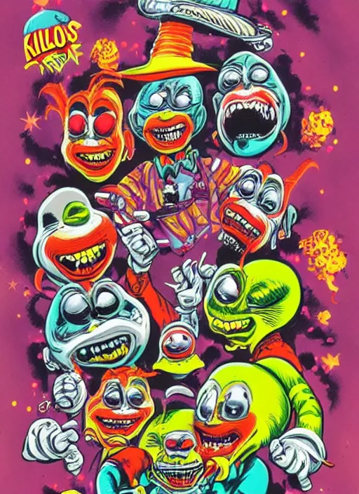 Image similar to illustration of Killer Klowns from outer space by Ed Roth, rat fink style, detailed