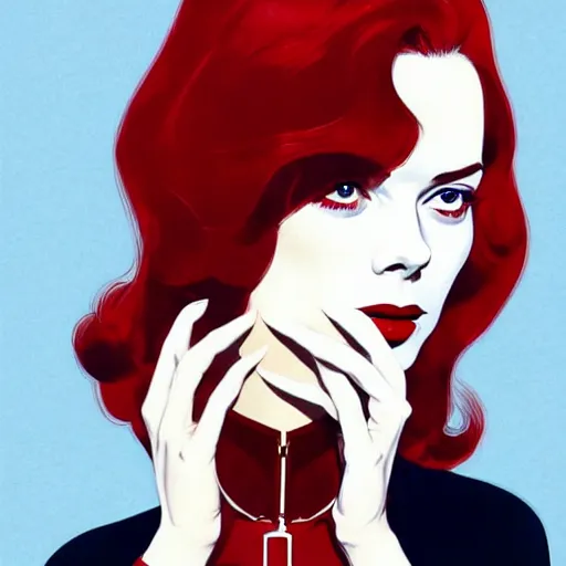 Prompt: Joshua Middleton comic art, wide shot, stunning elegant female Natalie Wood, white mask, beautiful evil sneer, symmetrical face, symmetrical eyes, leather clothing and boots, long straight red hair, full body, Indigo occult pattern