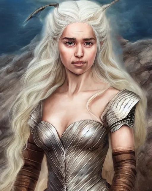 Prompt: portrait of happy beautiful daenerys targaryen with long blonde windblown hair and dragonskin armor, standing on a ledge of a mountain with her dragons, glamour pose, detailed illustration, digital art, trending on artstation, yoshitaka amano, daniel merriam, arney freytag