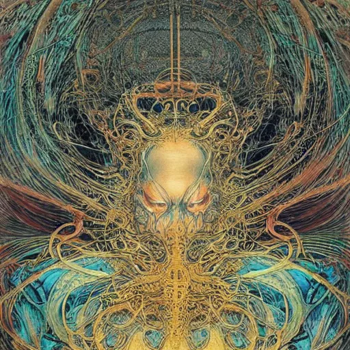 Image similar to simple concept art of, ‘ the old god ’. an award winning yoshitaka amano digital art poster, by james gurney and gerhard richter. art by takato yamamoto. masterpiece, deep colours.