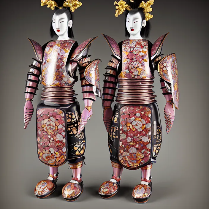 Image similar to ceramic cyborg, Kakiemon design armor with plums and stylized flowers in glaze and gilding Edo period 1670–1690, diffuse lighting, fantasy, intricate, elegant, highly detailed, lifelike, photorealistic, digital painting, artstation, illustration, concept art, smooth, sharp focus, art by John Collier and Albert Aublet and Krenz Cushart and Artem Demura and Alphonse Mucha