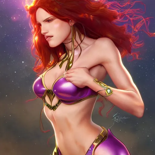 Image similar to ultra realistic illustration, bella thorne as starfire anime, intricate, elegant, highly detailed, digital painting, artstation, concept art, smooth, sharp focus, illustration, art by artgerm and greg rutkowski and alphonse mucha and wlop