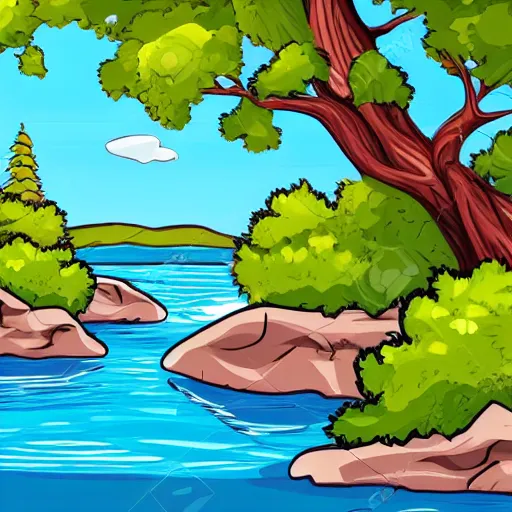 Image similar to a beautiful landscape, river, rocks, trees, cartoon