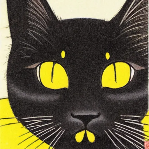 Prompt: a black cat with yellow eye by tsuguharu foujita, plain background, detailed, sharp, high quality, classic, japanese text