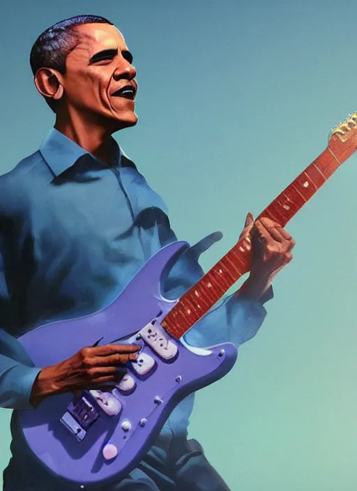 Prompt: Barack Obama shredding on an electric guitar, painting by Frank Frazetta, 3D rendering by Beeple, crusty