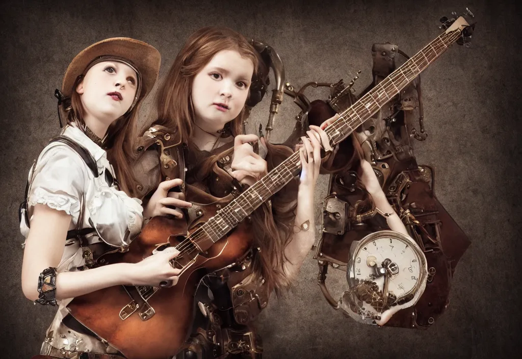 Prompt: girl playing guitar, steampunk, still, photoreal, gallery