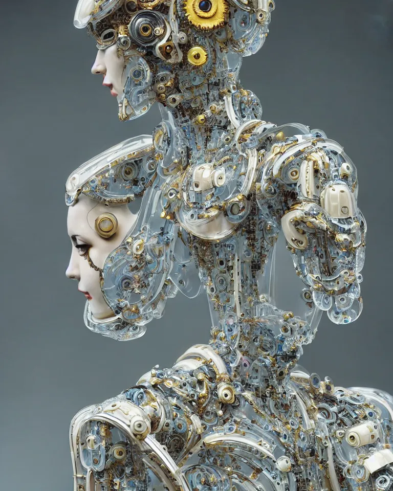 Image similar to beautiful cybernetic baroque robot + beautiful baroque porcelain face + body is clear plastic, inside organic robotic tubes and parts + wearing translucent baroque rain - jacket + symmetrical composition + intricate details, hyperrealism, wet, reflections + by alfonse mucha and moebius, no blur dof bokeh