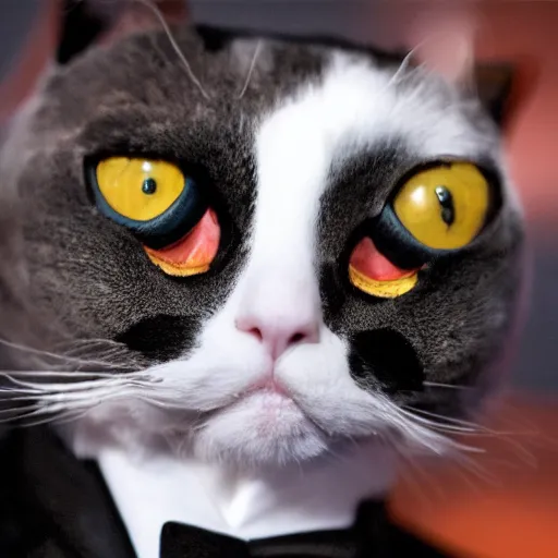 Prompt: a tuxedo cat with a realistic human head, movie still, 8 k