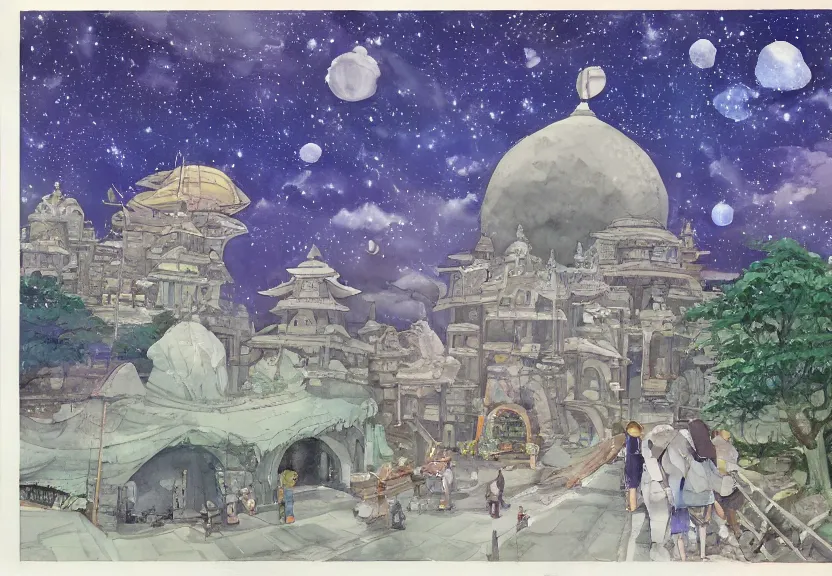 Image similar to a hyperrealist watercolor concept art from a studio ghibli film showing one giant grey alien. a temple is under construction in the background in india on a misty and starry night. by studio ghibli. very dull muted colors