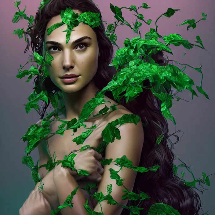 Image similar to portrait of Gal Gadot as a Poison Ivy. intricate artwork. by Tooth Wu, wlop, beeple, dan mumford. octane render, trending on artstation, greg rutkowski very coherent symmetrical artwork. cinematic, hyper realism, high detail, octane render, 8k