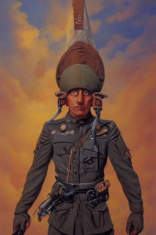 Prompt: Portrait of a soldier, illustration by Michael Whelan, fantasy art, visionary art, acrylic painting, smooth blending