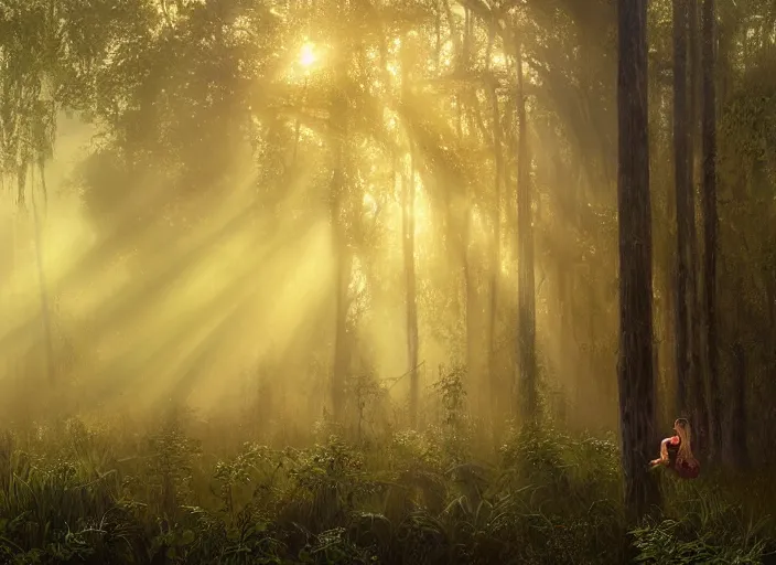 Image similar to misty swamp in early morning, hazy fog, sundown golden hour, firefly wisps, sun rays through trees, Lilia Alvarado, Sophie Anderson, Mark Arian, Bob Byerley, Charlie Bowater, Mark Brooks, Steve Henderson, Justin Gerard, Arthur Hughes, Edward Robert Hughes, Mark Keathley, Victor Nizovtsev, Carlos Shwabe, Ross Tran, WLOP