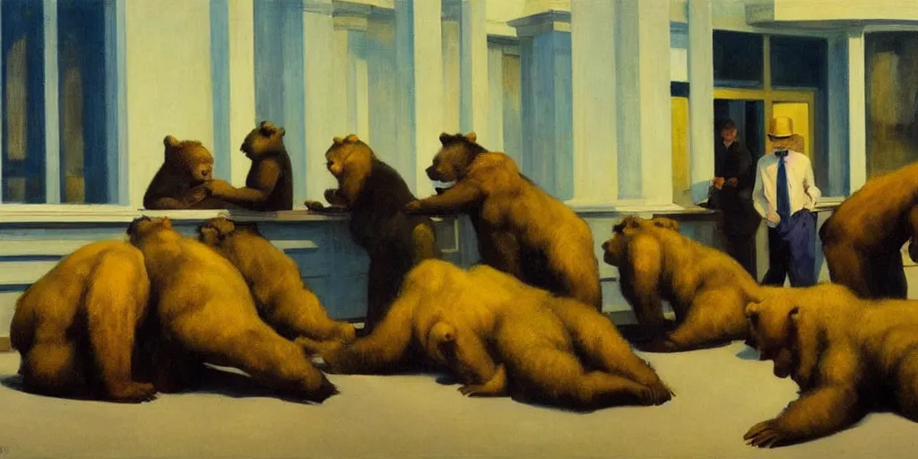 Prompt: edward hopper's painting, of a group of werebears robbing a bank