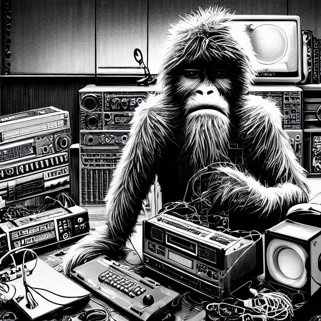 Image similar to a portrait of an anthropomorphic cyberpunk yeti podcasting while working in his secret electronics lab, detailed render, tape deck, hanging microphone, boombox, headphones, epic composition, cybernetics, 4 k realistic, cryengine, realistic shaded lighting, sharp focus, masterpiece, by matteo scalera, gary montalbano, peter elson in the style of the tokyo ghost comic