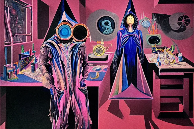 Image similar to a highly detailed beautiful masterpiece painting of a technomancer wizard in dazzle camouflage robes with pointed hood tampering with the world engine in his laboratory near a computer by Remedios Varo and Anato Finnstark and Greg Rutkowski and Andy Warhol and Francis Picabia, dayglo pink, dayglo blue, prismatic, pearlescent white, raven black, glowing, hyperrealism, 8k, trending on ArtStation