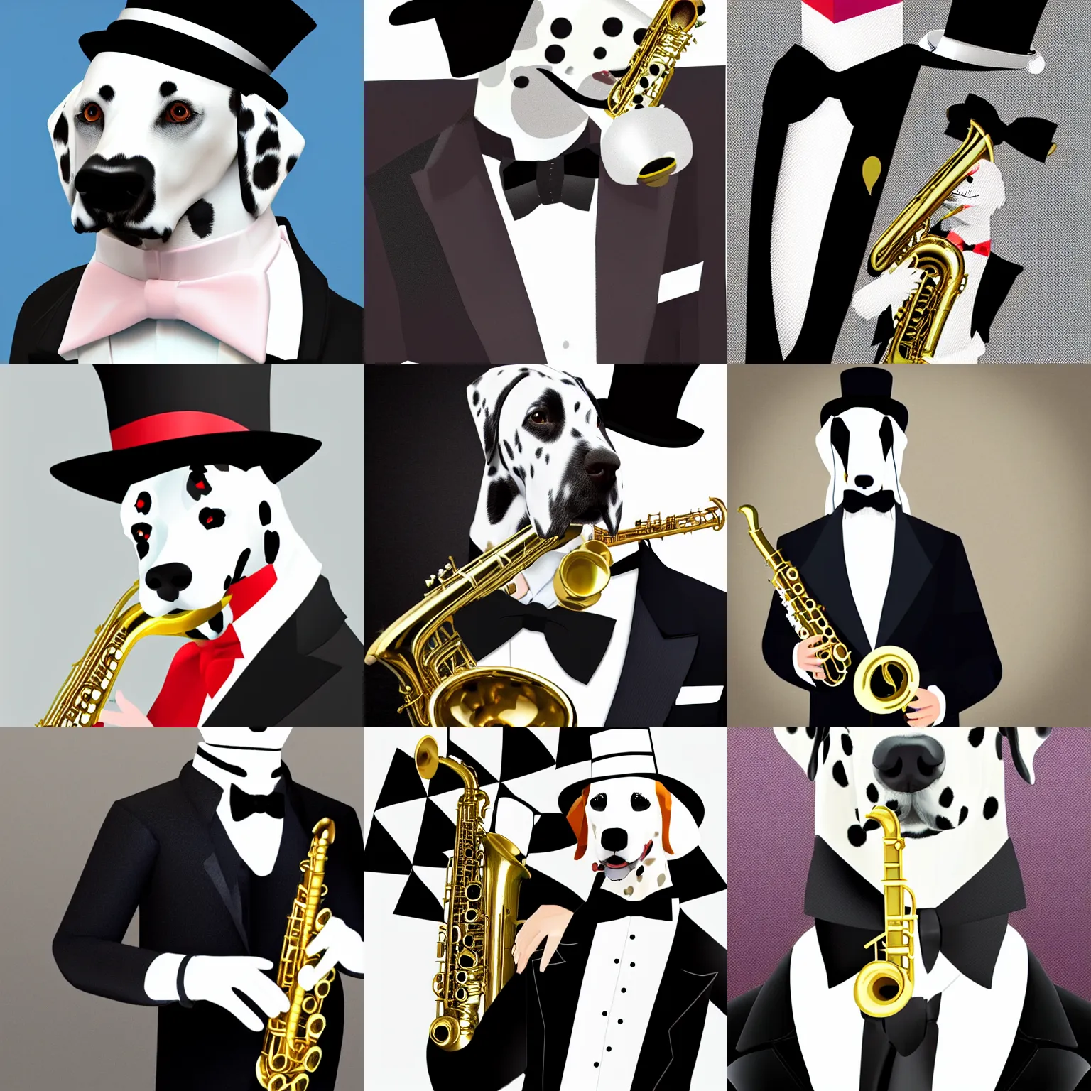 Prompt: dalmatian with saxophone, in tuxedo with top hat, medieval portrait, low poly, close up