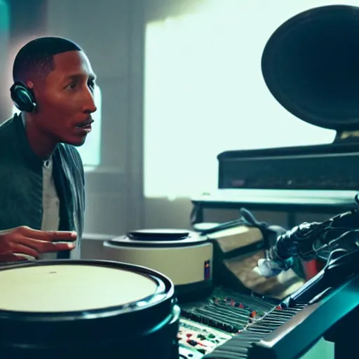 Prompt: cinematic sci-fi film still of Pharrell Williams Making A Beat with alien intelligence, Japanese VFX, 2018, 400mm lens, f1.8, shallow depth of field,film photography