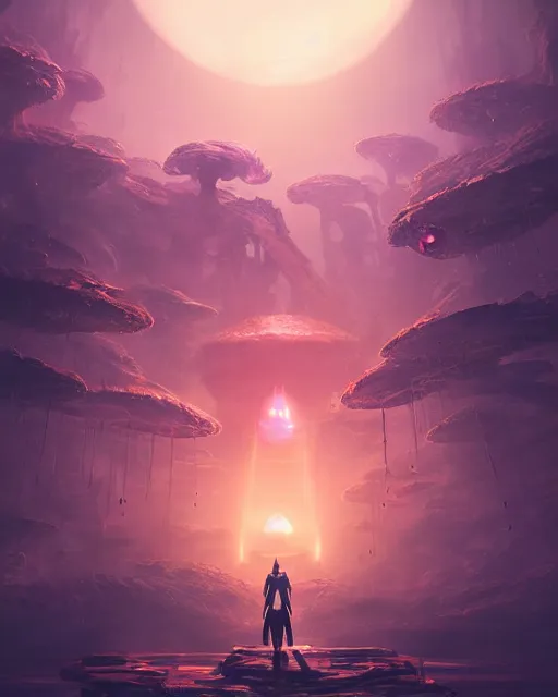 Image similar to alien temple, beautiful landscape, nier automata, protoss!!!!, machine planet, mothership in the sky, pink sun, tropical forest, colorful light, advanced technology, cinematic lighting, highly detailed, masterpiece, art by bastien grivet and darwin cellis and jan urschel