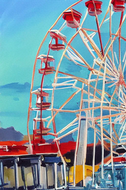 Prompt: bob ross painting of santa monica pier ferris wheel