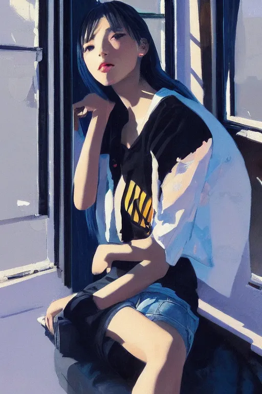 Image similar to A ultradetailed beautiful panting of a stylish woman sitting next to a window, she is wearing streetwear, bright sunny day, Oil painting, by Ilya Kuvshinov, Greg Rutkowski and Makoto Shinkai