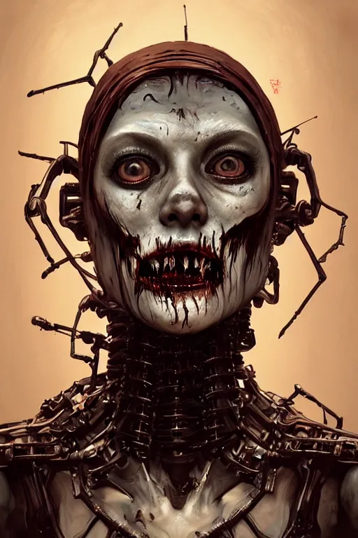 Prompt: portrait of a female zombie robot, intricate, dystopian terror, fangs, extremely detailed, digital painting, sculpted in zbrush, artstation, concept art, smooth, sharp focus, illustration, chiaroscuro lighting, golden ratio, rule of thirds, fibonacci, incredible art by Stanley Artgerm Lau and Greg Rutkowski, composition by mike mignola and Simon Stalenhag,