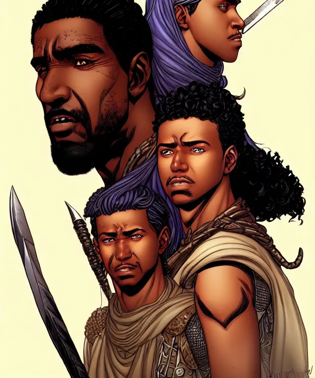 Image similar to a ( fantasy comic ) ( cover art ) portrait of a bedouin warrior who looks like ( young denzel washington ), digital illustration by jenny frison and sana takeda and kentaro miura, fine inking lines, vivid colors, dnd, highly detailed!, hd, 4 k, trending on artstation