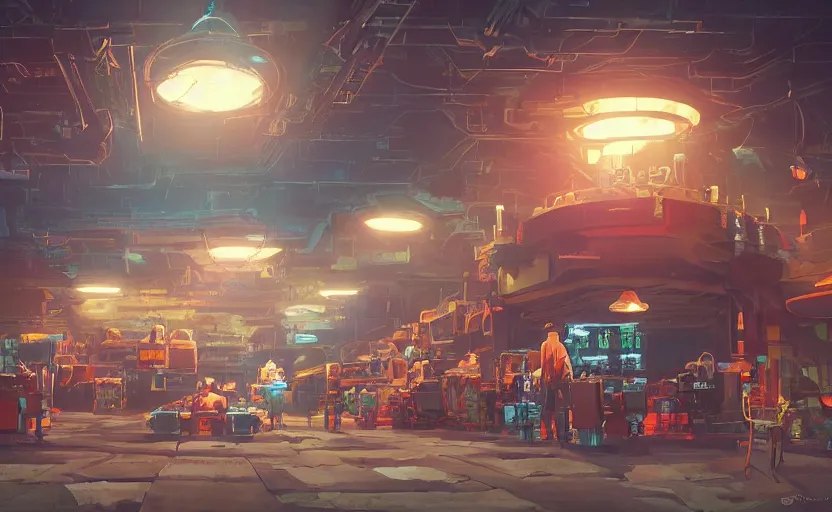 Prompt: a bounty hunter bar in a space opera studio ghibli animated film, global illumination, beautiful composition, volumetric lighting, octane render by alena aenami, highly detailed