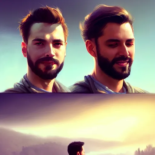 Image similar to 2 handsome masculine guys | | sunny, dreamlike art, mist, realistic shaded, smile, good looking, fine details, 4 k realistic, cryengine, realistic shaded lighting poster by greg rutkowski, magali villeneuve, artgerm, jeremy lipkin and michael garmash and rob rey