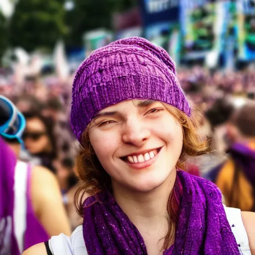 Prompt: ultra high resolution close - up of a very beautiful young woman standing in crowd of music festival, looking down at the camera. her face is partially obscured by a purple scarf, and she has a smiling expression. the light is dim, and the colours are muted. kodak etkar 1 0 0.