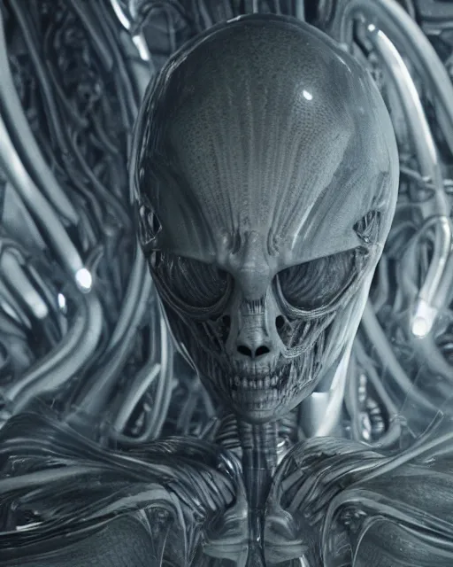 Image similar to film still of alien looking around a spaceship, slathered in a transparent alien liquid. wet flowing hair, goo, illustration, unreal engine 5, 8 k, directed by h. r. giger.