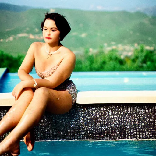 Image similar to a portrait of a beautiful woman with short hair, wearing diamonds, sitting in the pool, evening, los angeles landscape on background, 1 9 7 0 film photography