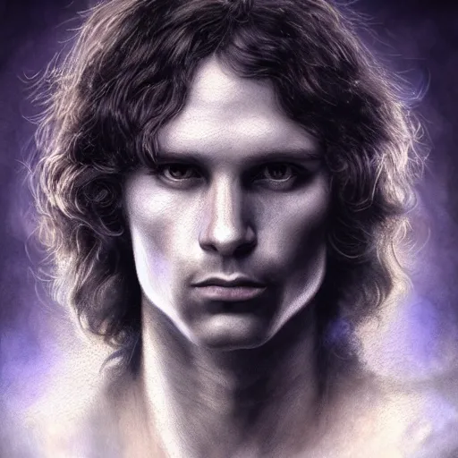 Image similar to jim morrison character portrait, lean face, cinematic lighting, glowing grey eyes, hyper-detailed, 4k, high resolution, in the style of Charlie Bowater, Tom Bagshaw, single face, symmetrical, headshot photograph, insanely detailed and intricate, beautiful, elegant, watercolor, cinematic, portrait, Raphaelite, headroom, Pierre-Auguste Renoir