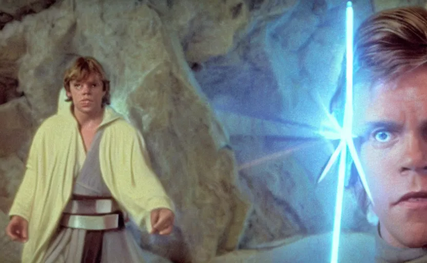 Prompt: screenshot of master Luke Skywalker in a kyber crystal cave, lightning refracting off the red gemstone crystal walls, iconic scene from the 1970s Star Wars film directed by Stanely Kubrick film, color kodak, ektochrome, anamorphic lenses, detailed faces, moody cinematography