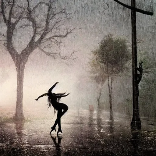 Prompt: dancing in the rain, post apocalyptic, horror, hyperdetailed, hyperrealistic, nature