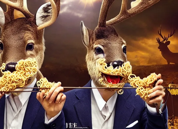 Prompt: a very high resolution image from a new movie, two deer wearing suits are eat instant noodles in a shabby temple directed by zhangke jia