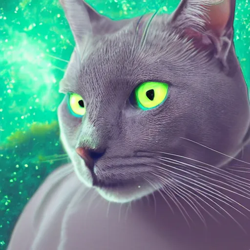 Image similar to portrait of grey cat with big green eyes in the space with nebulae, realistic painting, high definition, digital art, matte painting, very detailed, realistic