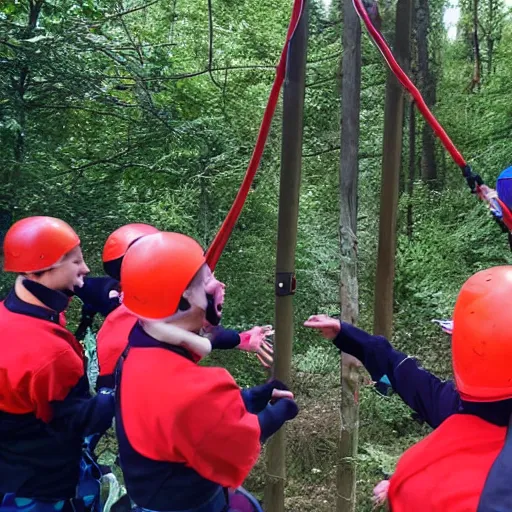 Image similar to a group of go ape instructors cheering with glee at a y - swapper being replaced